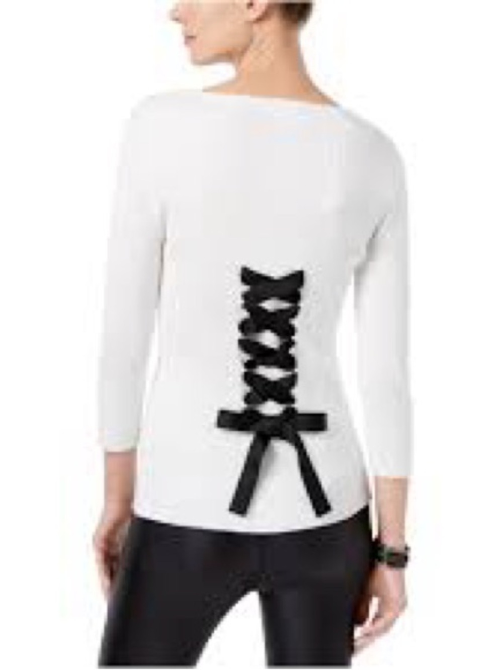 INC International Concepts White Long-Sleeve sweater with Black Lace-Up Back S